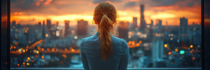 Wall Mural - Woman looking out at city skyline at sunset