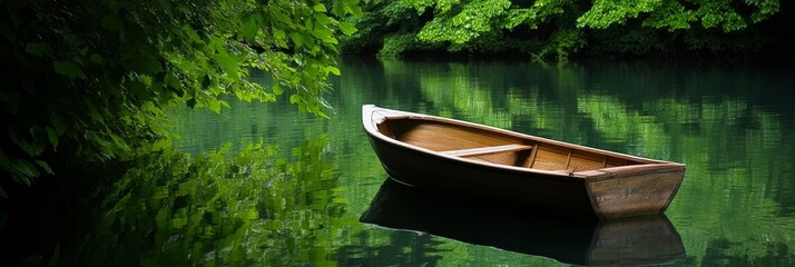 A tranquil scene of a wooden boat gently floating on a still lake, surrounded by lush green foliage, symbolizing peace, tranquility, nature, escape, and serenity.