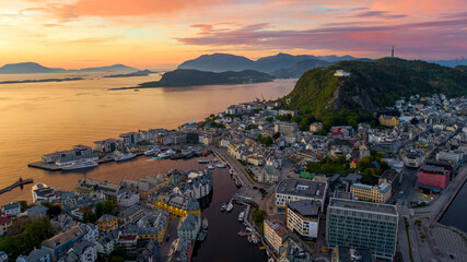 Norway Town Ålesund From Aerial Drone at Sunset