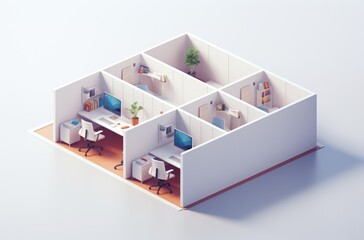 Wall Mural - Isometric view of a minimalist office with cubicles, desks, and chairs.