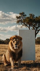 Lion sitting in front of a white sign.