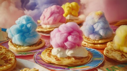 A festive setting with a variety of roti topped with cotton candy in different colors, arranged neatly on a table for a fun and vibrant dessert display.