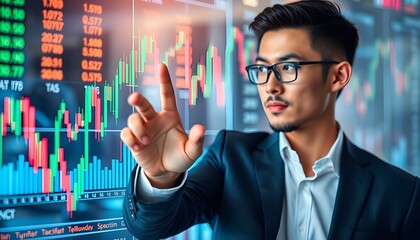 Poster - Businessman interacting with a transparent screen displaying abstract financial chart.