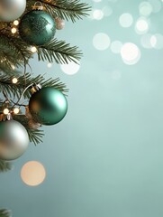 a close-up shot of a christmas tree branch adorned with green and silver ornaments, string lights, a