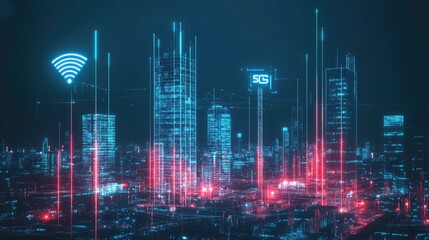 Poster - A futuristic representation of a wireless network, with 5G towers and glowing signal waves connecting devices and people across a cityscape, symbolizing fast, wireless communication