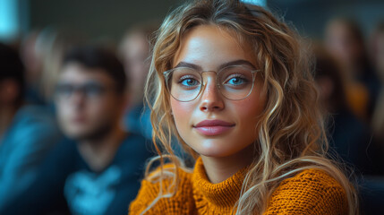 Sticker - Young woman with blue eyes and blonde hair wearing glasses and a yellow sweater.