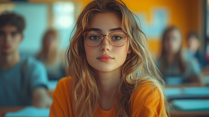 Sticker - Young woman with glasses looks directly at the camera.