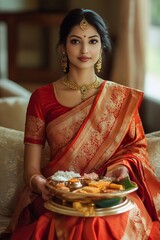 Beautiful Indian woman in traditional red saree holding a thali with offerings for a puja ceremony