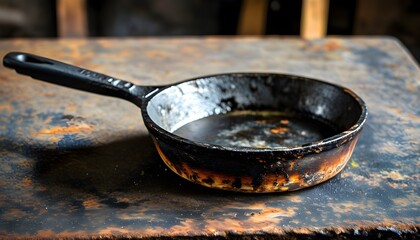 Wall Mural - Worn cast iron skillet showcasing a rich history with a dark patina and rustic charm from years of culinary adventures