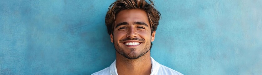 A cheerful young man smiling against a vibrant blue wall, radiating positivity and confidence in a relaxed atmosphere.