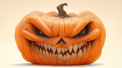 Wall Mural - A menacing orange pumpkin with a wide, toothy grin and dark eyes, isolated on a white background.