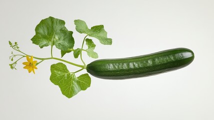 A vibrant green cucumber with lush leaves and a delicate yellow flower, representing growth, freshness, and natural beauty.