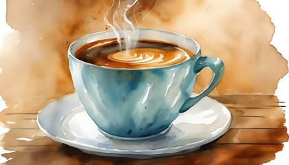 Wall Mural - steam rising from a vibrant watercolor cup of coffee surrounded by artistic splashes of color