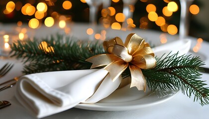 Wall Mural - Elegant holiday table setting with a white napkin adorned by a gold bow and decorative pine sprigs