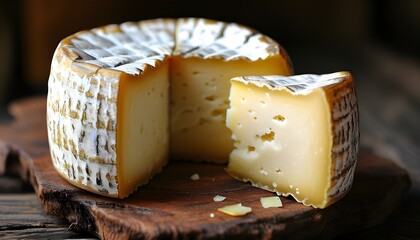 Wall Mural - Artisan cheese wheel with a slice elegantly removed