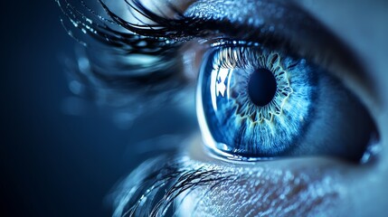 Close-up of a Vibrant Blue Eye Reflecting Light in a Dark Environment