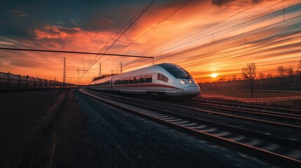 Poster - A high-speed train speeding along its tracks, captured at sunset with the sky painted in warm orange and pink hues, highlighting the beauty of travel.