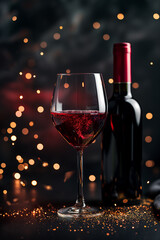 Wall Mural - Glass with red wine and bottle on dark background with golden bokeh