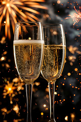 Two glasses of champagne on a dark background with bokeh