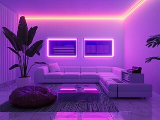 Neon Purple Living Room with Sectional Sofa and Glass Coffee Table, neon, futuristic, interior design