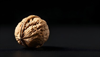 Whole walnut with textured brown shell isolated against a stark black background