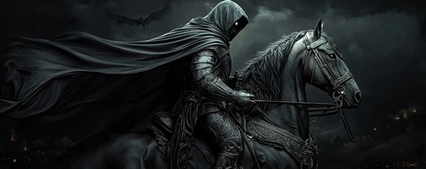 The Shadow Rider A digital art piece depicting a cloaked figure riding a black steed through a dark and stormy sky