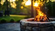 © Naru - A rustic stone fire pit with a warm sunset glow in the background, symbolizing warmth, relaxation, nature, gathering, and togetherness.