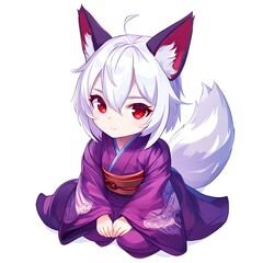 Canvas Print - Cute anime fox girl in purple kimono with white fur and red eyes