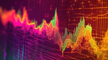 Poster - A macro view of financial graphs showing currency fluctuations and global trade patterns, with highlighted peaks and troughs indicating significant market events.