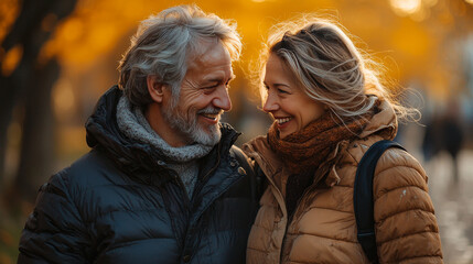 Wall Mural - A couple smiles at each other while standing outdoors in autumn.