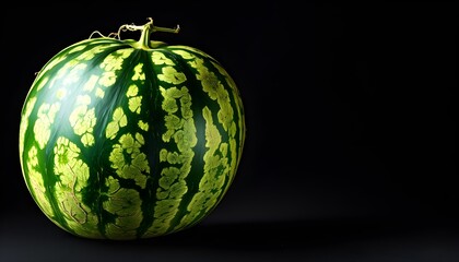 Wall Mural - Vibrant watermelon with dark green stripes set against a contrasting black background