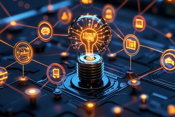 Aufkleber - Futuristic network of ideas, with glowing lines connecting key business development concepts