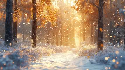 Magical winter forest illuminated by golden light with falling snowflakes for serene holiday mood