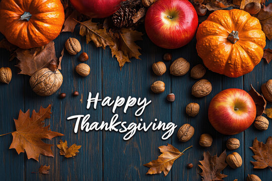 Happy Thanksgiving greeting text with colorful pumpkins, squash and leaves over dark wooden background