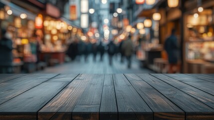 Background for product display or montage Empty wooden table top with a blurred background of a Japanese winter market Generative AI transparent background