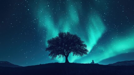 A night sky full of Northern Lights, with a silhouette of a lone tree or an iconic landmark, adding depth and perspective to the awe-inspiring aurora display
