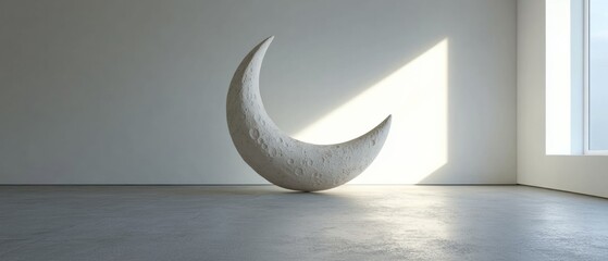 A white moon sculpture sits on a grey floor