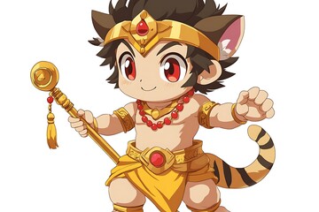 Wall Mural - Cute cartoon illustration of Hindu deity Hanuman with staff and tiger tail