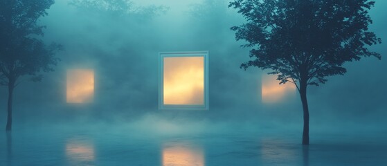 Wall Mural - A foggy scene with a tree in the foreground and three windows in the background