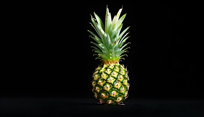 Vibrant ripe pineapple with lush green crown against a striking black backdrop