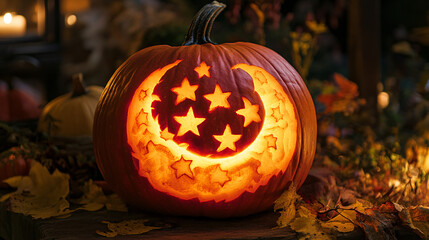 A glowing pumpkin with a carved moon and stars, creating a magical nighttime scene.