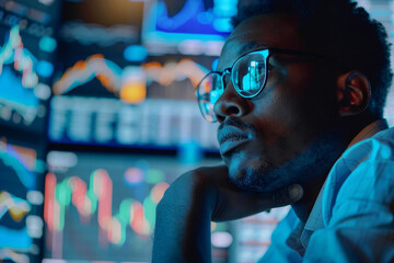 Poster - A man wearing glasses is looking at a computer screen with multiple graphs