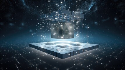 A glowing cube levitates above a platform with a digital background.