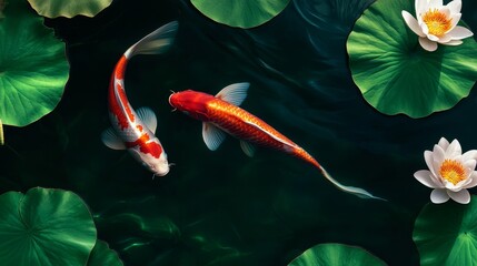 Two elegant Koi fish gracefully navigate a tranquil pond, surrounded by lush lily pads, symbolizing peace, harmony, and the beauty of nature.