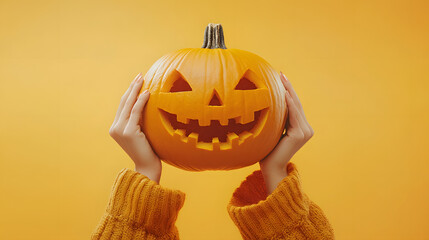 Hands holding a carved Halloween pumpkin, isolated on a yellow background.