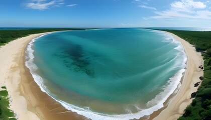 Sticker - Turquoise Waters and Golden Sands: A Serene Beach Panorama Under a Clear Blue Sky