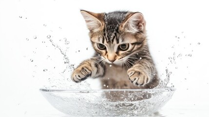 A playful cat splashing in a shallow water dish with its paws, surrounded by droplets, showcasing its cute and curious nature, set against a clean white background.