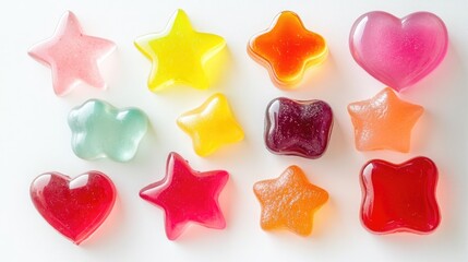 A playful arrangement of jelly desserts shaped like fun forms, such as stars and hearts, set against a white background, showcasing their bright and cheerful appearance.