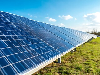 Solar panels installed in a green field on a sunny day, showcasing renewable energy and sustainability in a rural environment.