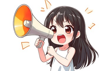 Cute anime girl shouting into a megaphone with excited expression. Announcement, advertisement, communication concept.